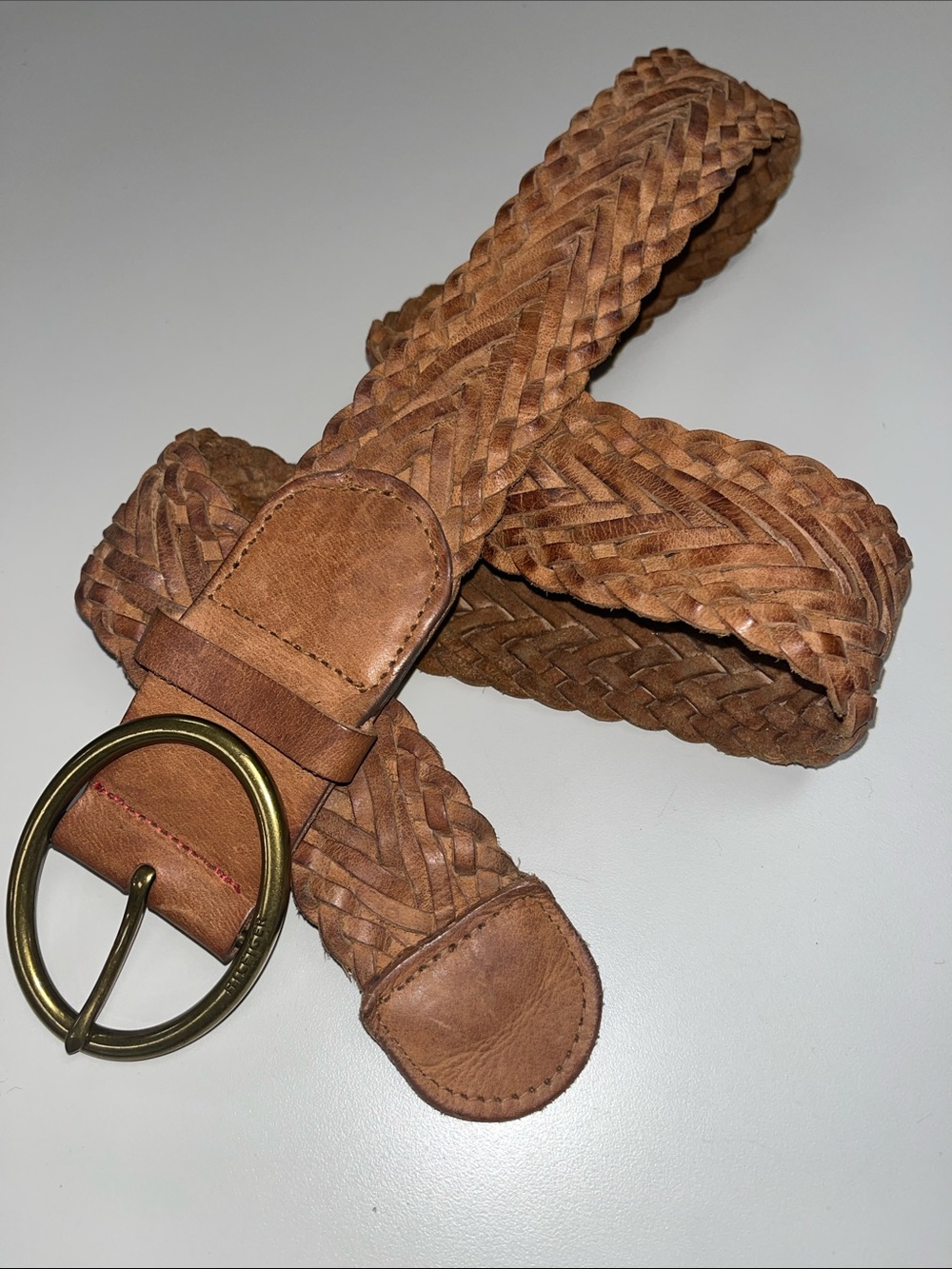 Tommy Hilfiger Braided Tan Leather Belt with Brass Oval Buckle